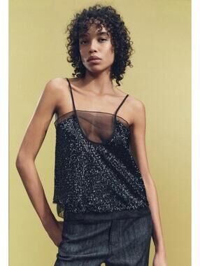 NWT Zara Black Sequin Organza Camisole. Large